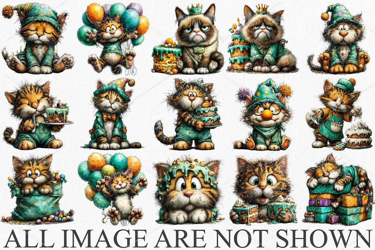 Whimsical Funny Birthday Cat Clipart, a Seasonal Illustration by Canvas Craft (Photo 3 of 5)