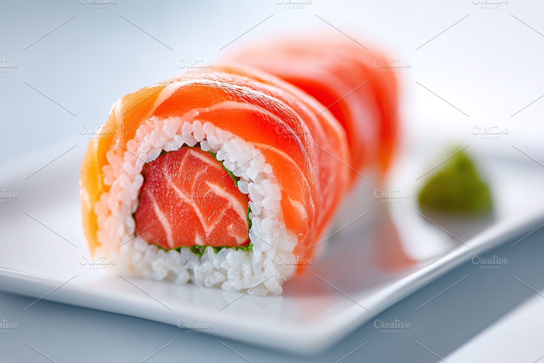 Sushi roll with fresh salmon and avocado served with wasabi on a white plate, a Food & Drink Photo by AlyaAnd