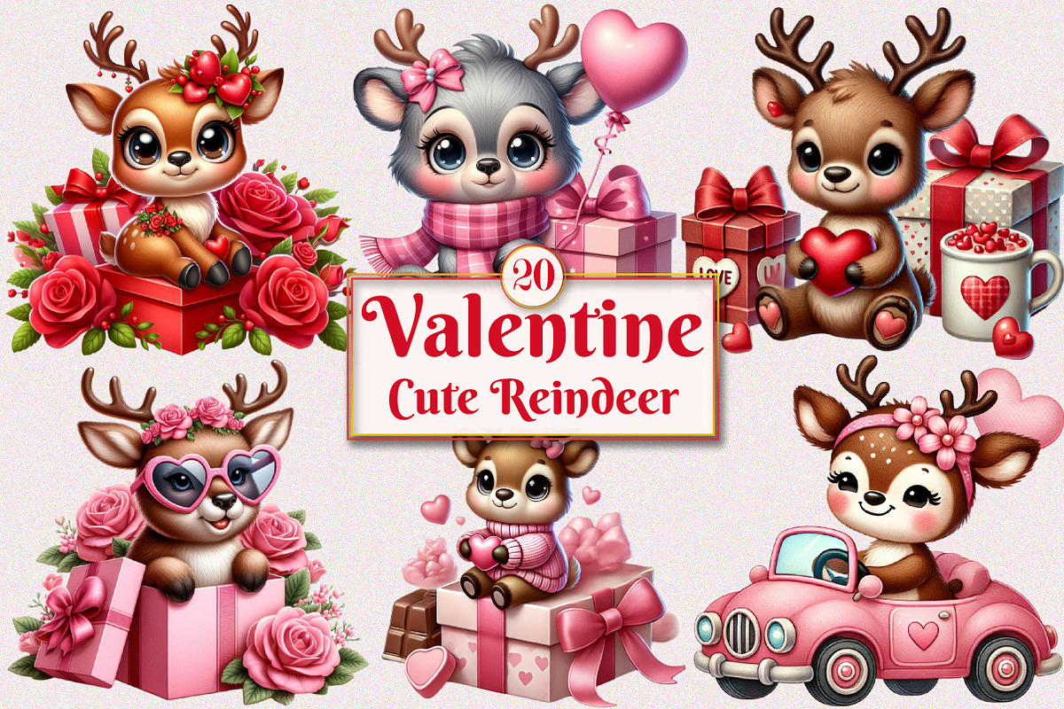 Valentine Cute Reindeer Clipart, a Seasonal Illustration by Craft Nest (Photo 1 of 5)