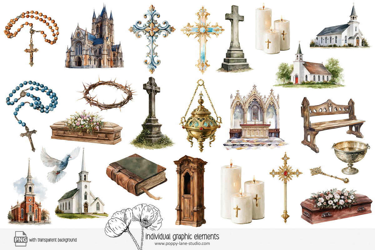 115 watercolour church clip art, an Object Illustration by Poppy Lane Studio (Photo 5 of 11)