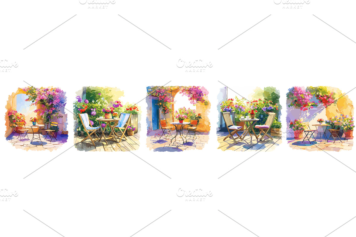 summer blooming veranda watercolor, an Illustration by Stock-Smart-Start