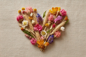 Heart made of dried flowers on fabric, a Holiday Photo by AlyaAnd