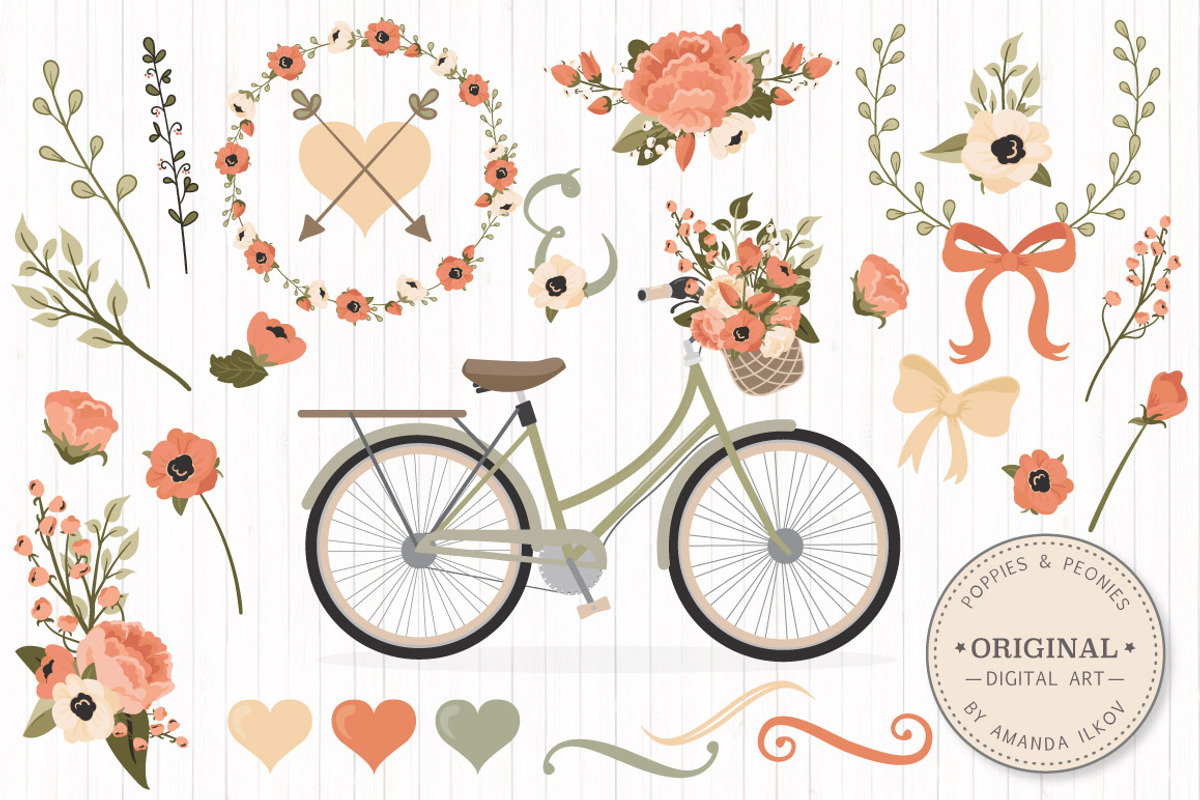 Peach Floral Wedding Bicycle Vectors, an Illustration by Amanda Ilkov (Photo 1 of 5)