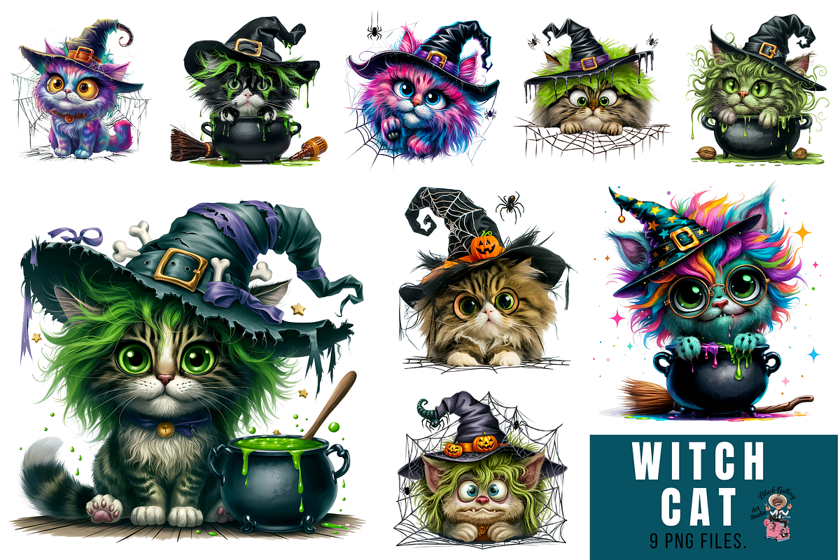 Witch Cat Clipart PNG Bundle, an Illustration by Clipart Bloom (Photo 1 of 14)