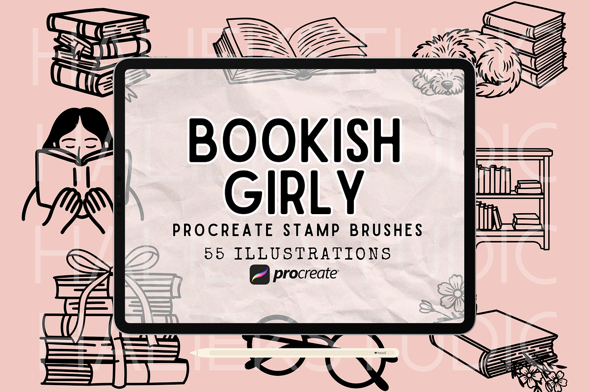 Bookish Girly Procreate Stamps Brush, a Brush Add-On by HalieKStudio (Photo 1 of 9)