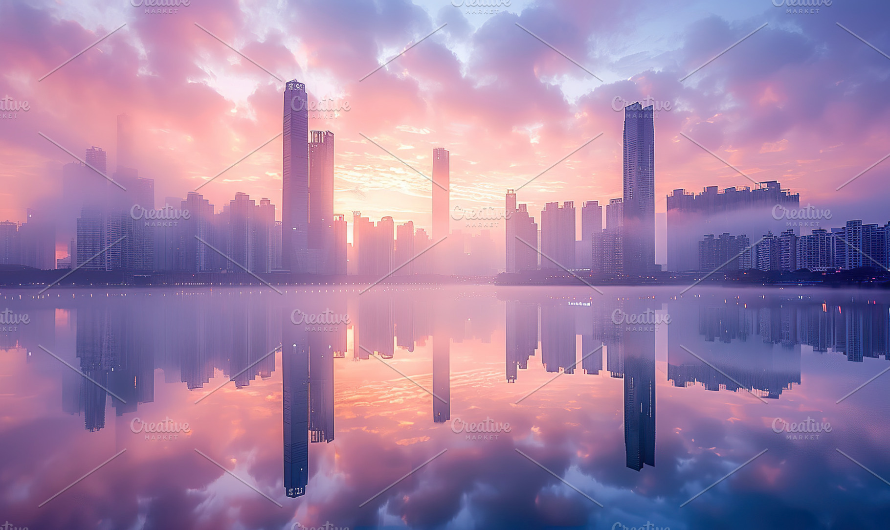 A tranquil city skyline at sunset re, a Photo by LOGOCREATIVE