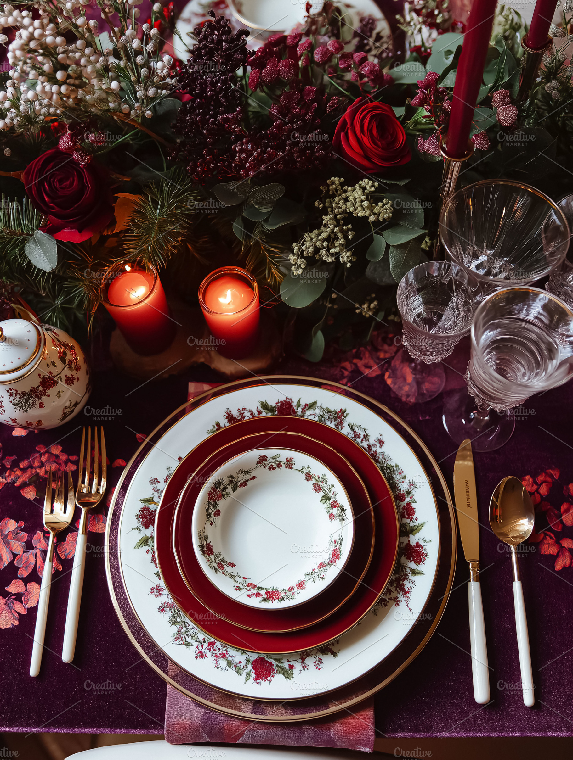 Elegant Christmas table setting with festive dinnerware and burning candles cre, a Food & Drink Photo by Studio ANNA