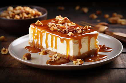 Piece of cheesecake with caramel and nuts on wooden table, a Food & Drink Photo by AlyaAnd