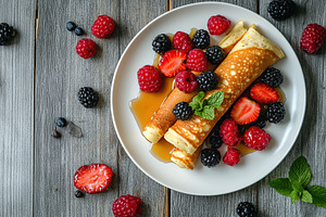Sweet rolled pancakes topped with fresh berries and syrup on a wooden table, a Food & Drink Photo by AlyaAnd