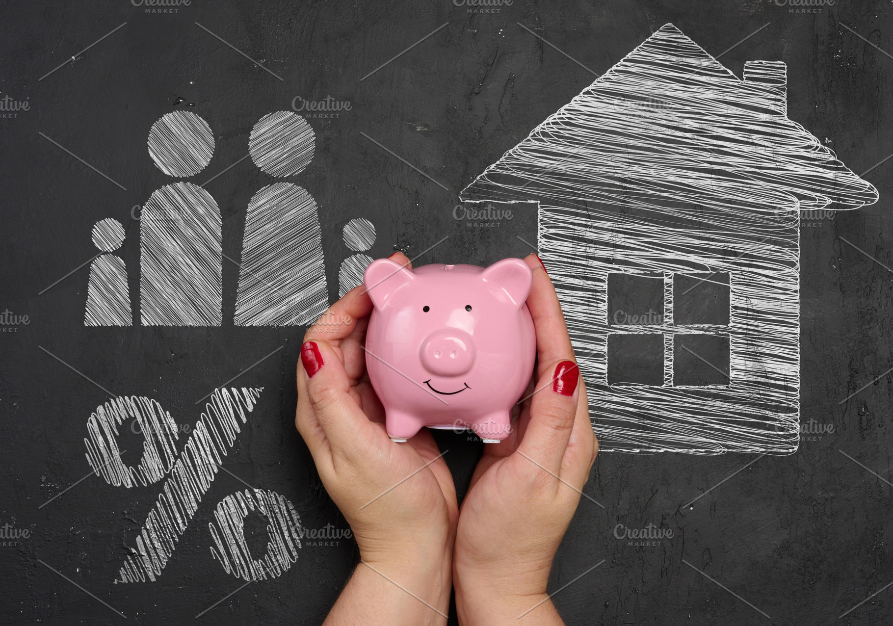 A woman's hands carefully hold a pink ceramic piggy bank against, a Business Photo by ndanko