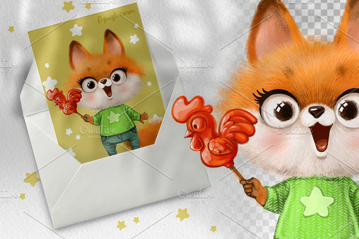 Cute fox holds a caramel cockerel, an Animal Illustration by Azuzlikus (Photo 2 of 3)
