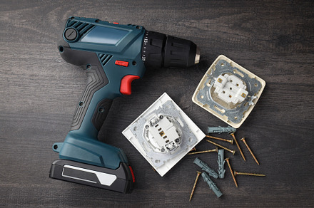 Concept of electrician or electrical tools, top view, a Technology Photo by AtlasStudio PRO