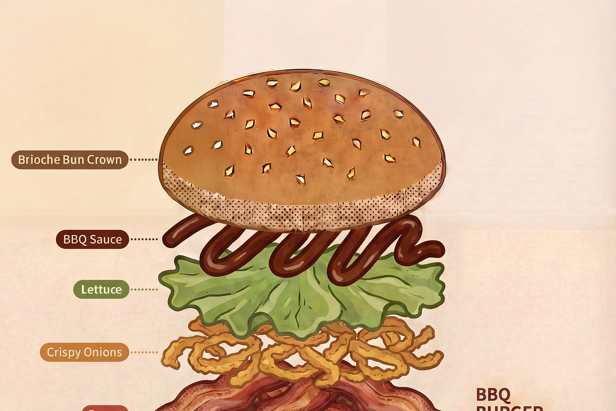 Exploded View BBQ Smash Burger, a Food Illustration by Virgo Studio