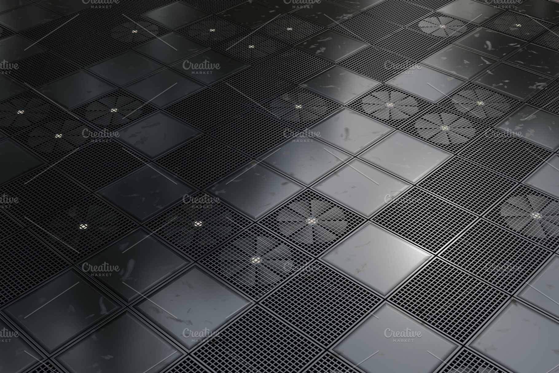 Dark industrial metal grid floor with square panels, an Industrial Photo by RF Images