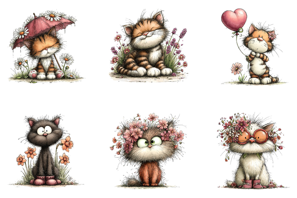 Whimsical cat pring floral clipart, an Illustration by CreationArt (Photo 3 of 7)