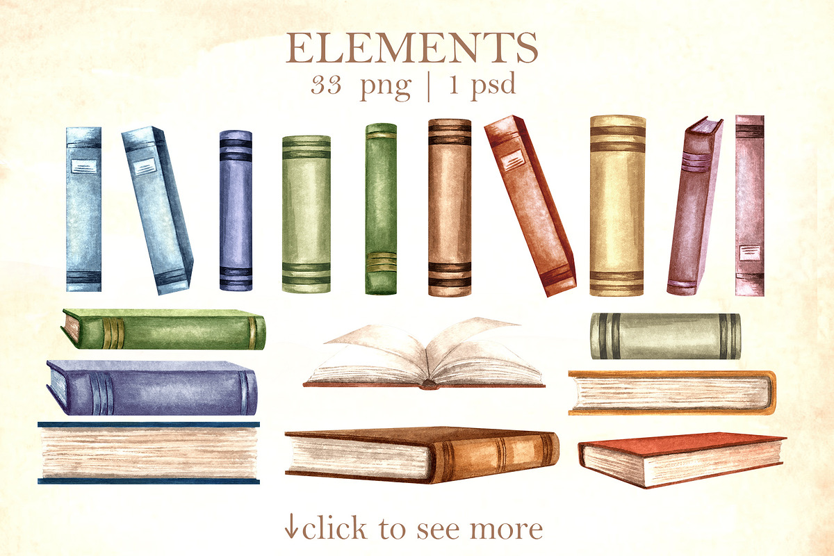 Vintage bookshelf watercolor clipart, an Education Illustration by susie-p-art (Photo 2 of 13)