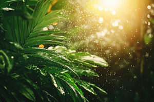 Raindrops soaking lush jungle leaves, a Photo by Iftikhar Alam
