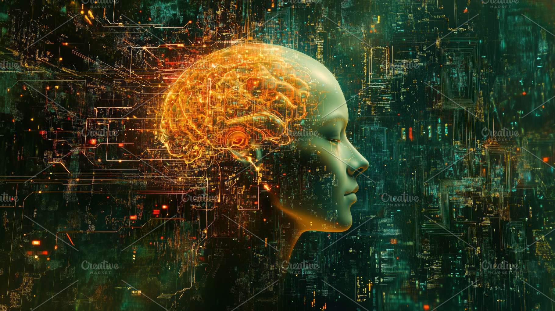 A futuristic representation of a human head in profile, with a glowing brain an, an Industrial Photo by Textures & Backgrounds