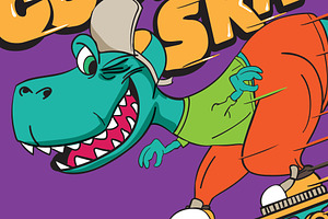 Vector Cartoon Skater Dinosaur Print