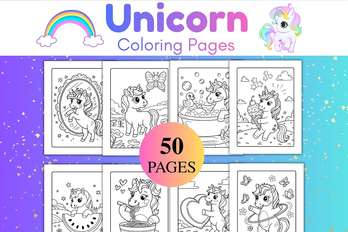 50 Unicorn Coloring Pages for Kids, an Animal Illustration by SimoDigitalArt (Photo 2 of 5)