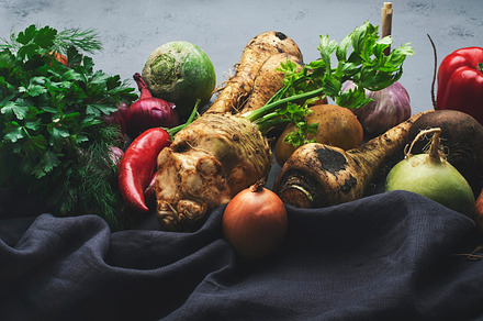 Autumn food background with vegetables, root crops: celery, radi, a Food & Drink Photo by 5PH