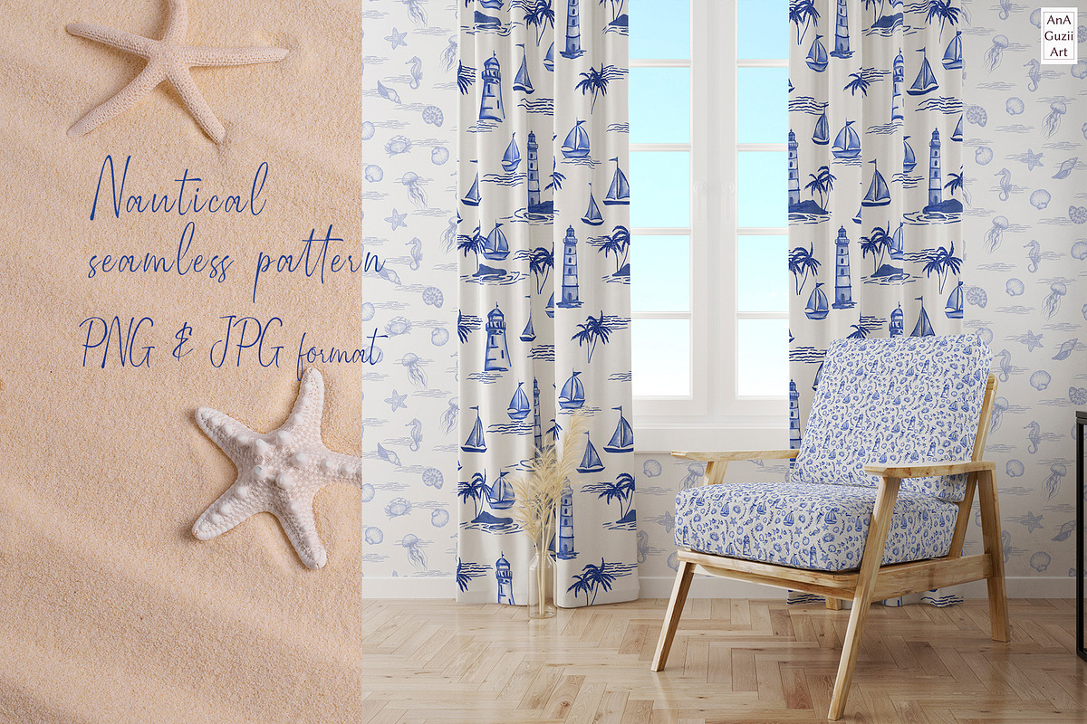Nautical Toile de Jouy Seamless Patt, a Pattern Graphic by AnaGuziiArt (Photo 6 of 9)