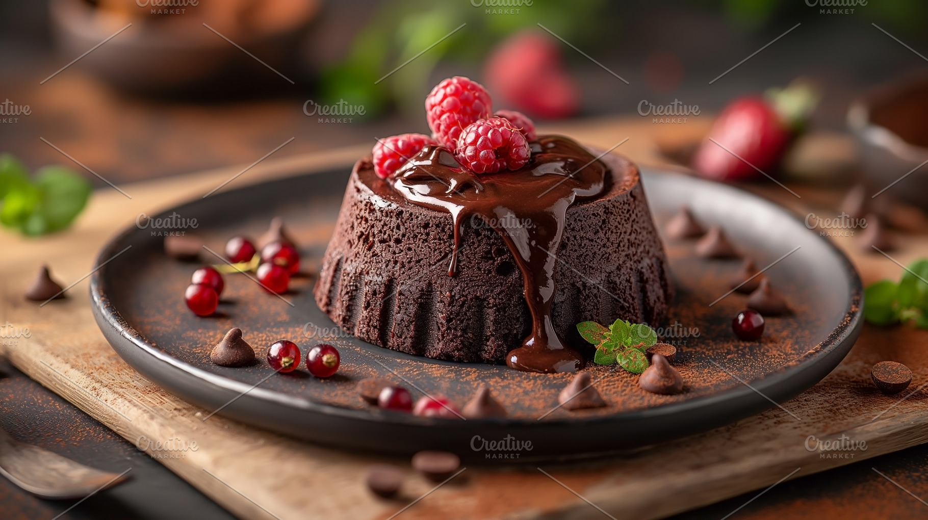 A decadent chocolate lava cake topped with fresh raspberries and, a Food & Drink Photo by ImageMir