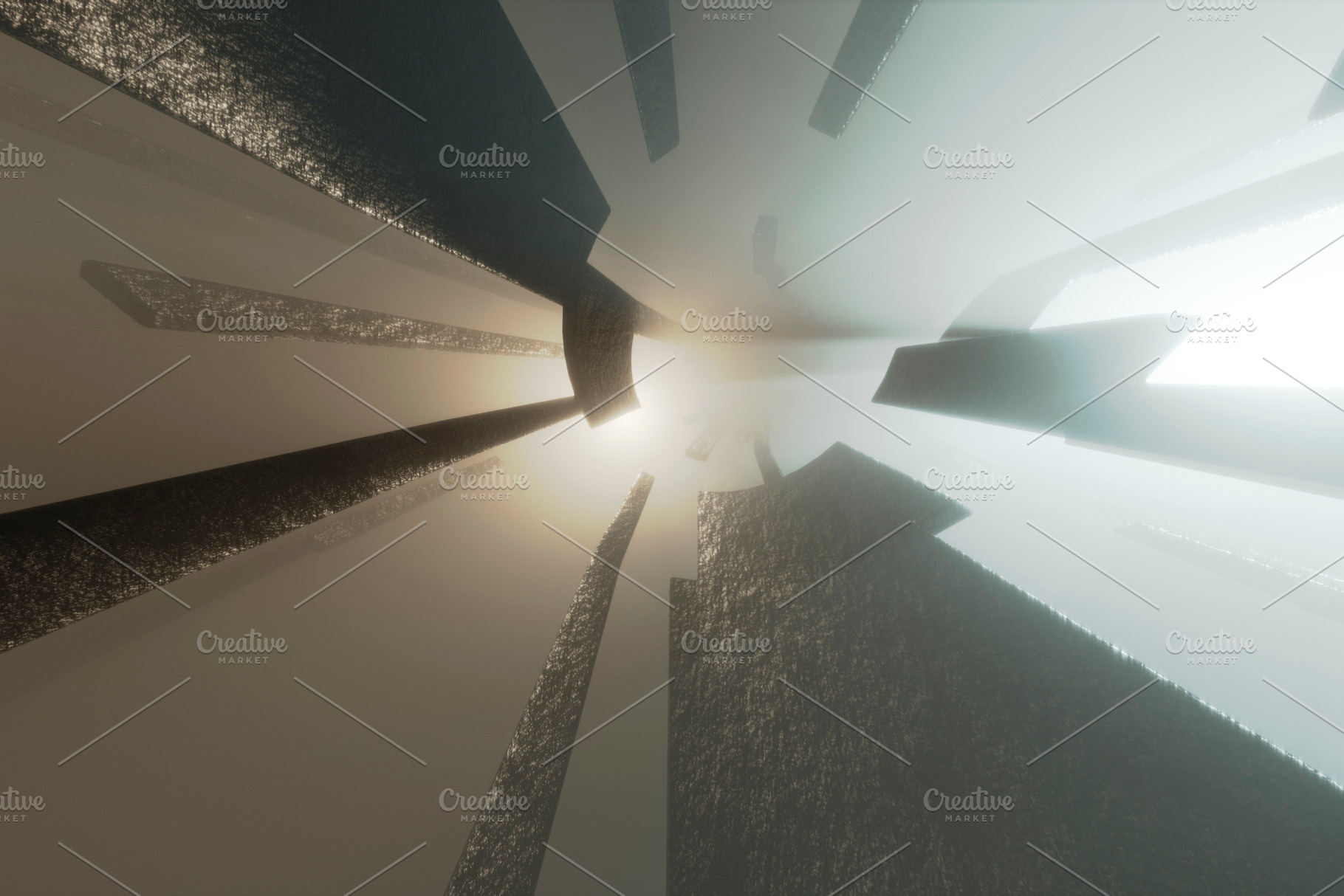 Abstract gray scale tunnel with floating geometric 3D shapes, a Background Photo by RF Images