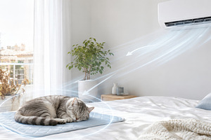 Air conditioner cooling bedroom with, a Photo by Dvoevnore photos