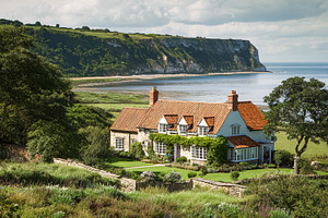 English cottage overlooking the sea and white cliffs on a sunny, a Photo by Studio ANNA