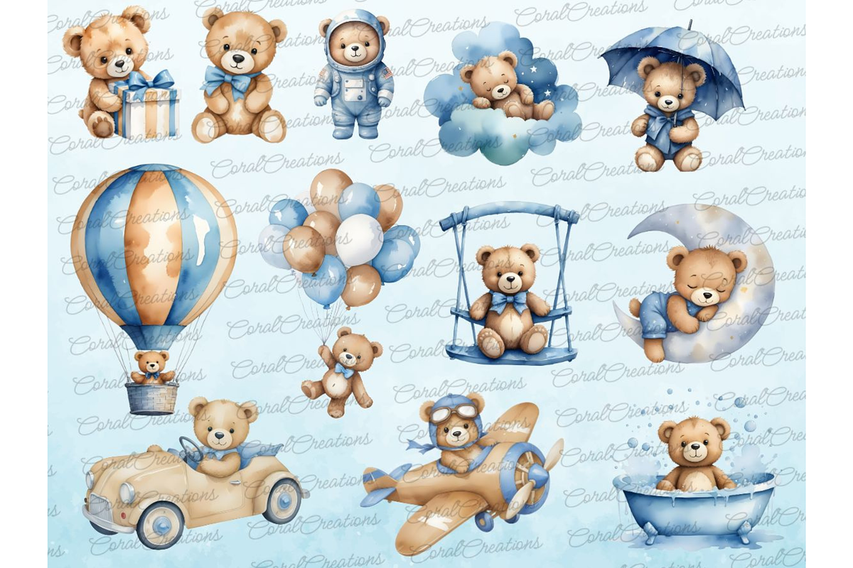Watercolor Teddy bear clipart Blue, a Decorative Illustration by Coral Beauty (Photo 2 of 4)