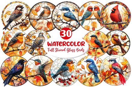 Fall Stained Glass Birds Clipart, an Illustration by Dream Creation