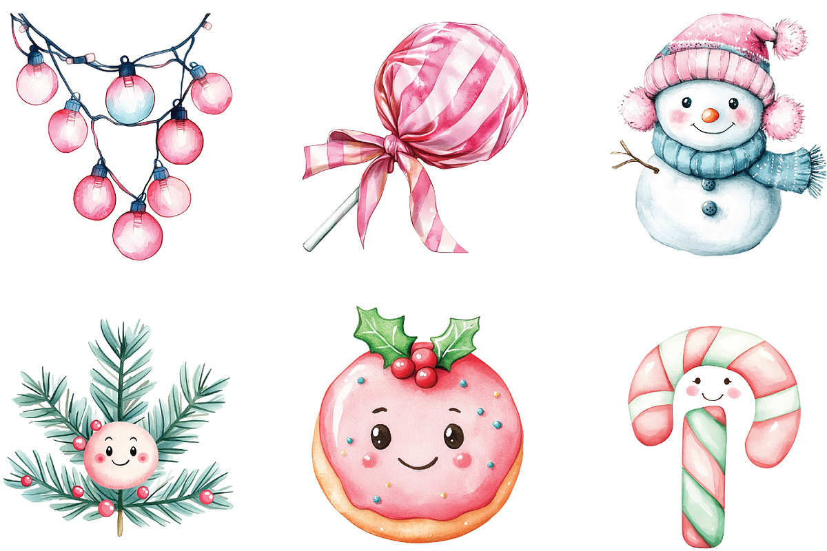 Kawaii Pink Mint Christmas Clipart, a Work Illustration by CraftArtStudio (Photo 2 of 6)