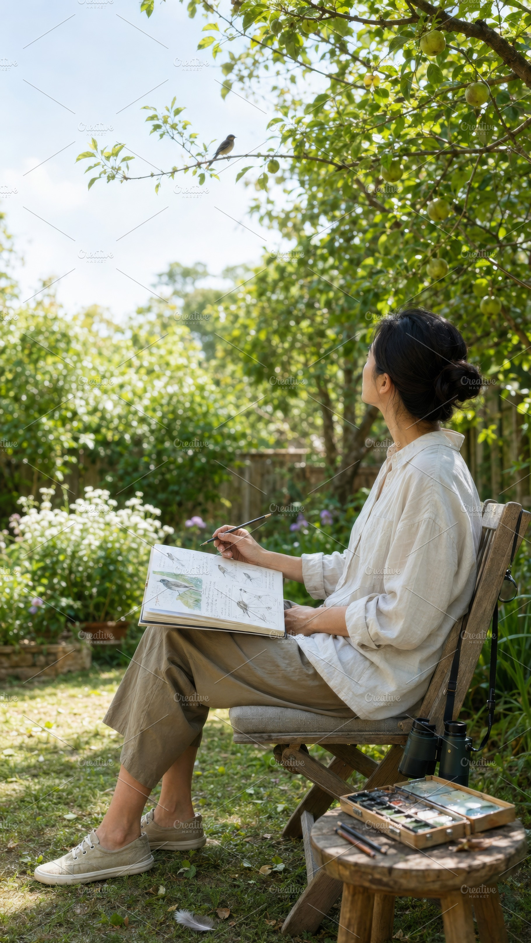 Woman sketching garden birds outdoor, a Photo by Dvoevnore photos