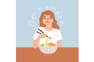 Happy woman with mouth full of food, a Food Illustration by Stock-Smart-Start