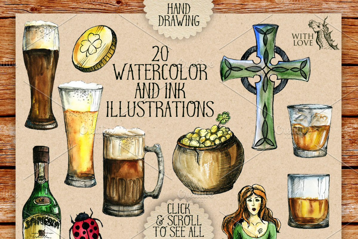 Big Irish Watercolor & Ink Set, an Illustration by Fluffy Unicorn (Photo 2 of 6)