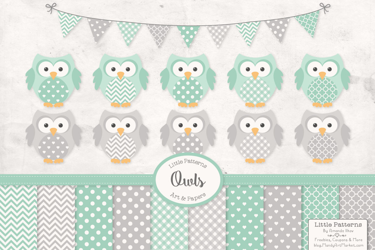 Mint & Grey Vector Owls & Papers, an Illustration by Amanda Ilkov (Photo 1 of 3)
