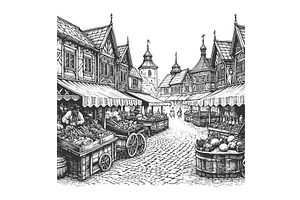 old town market square engraving, an Illustration by AlexArt