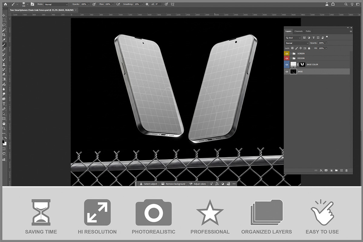 Two Smartphones Chain Link Fence PSD, an Advertising Mockup by Bruno's Shop (Photo 2 of 3)