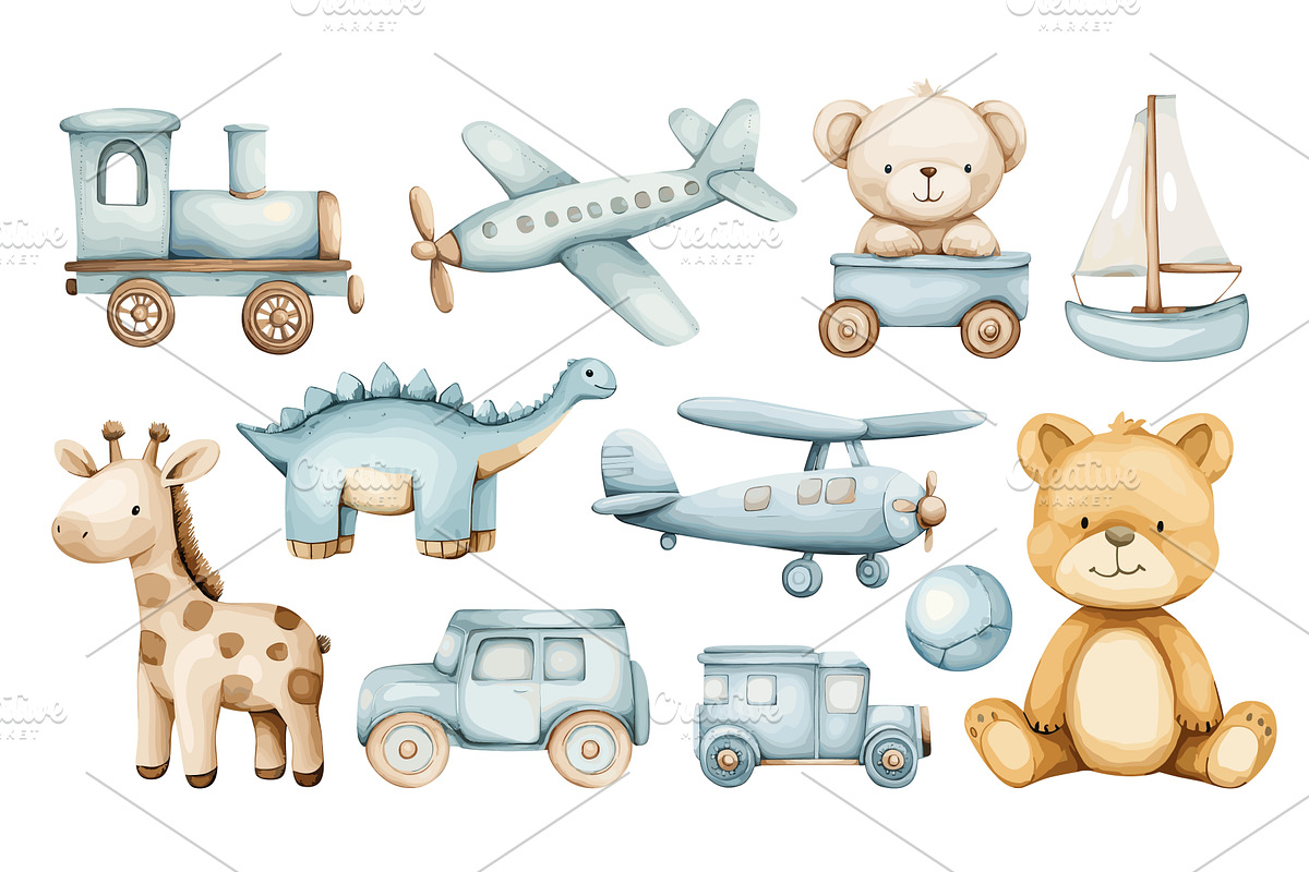 boy toy set watercolor. blue train, a Transportation Illustration by Stock-Smart-Start