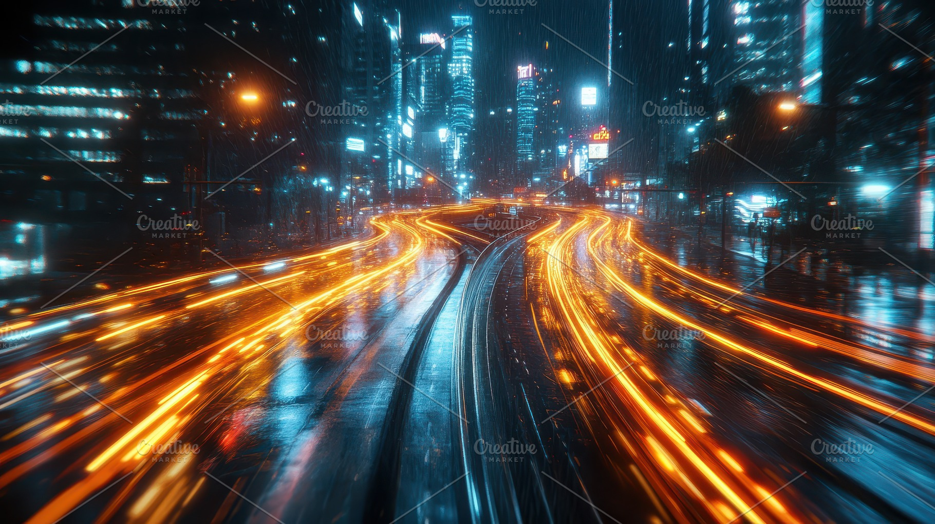 Night cityscape with blurred lights, a Photo by Pixeness Studio