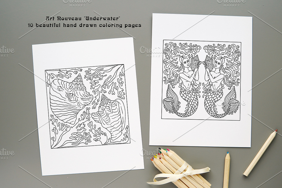 Art Nouveau Sea Coloring Book Pages, a Print Template by Rose Design (Photo 2 of 6)