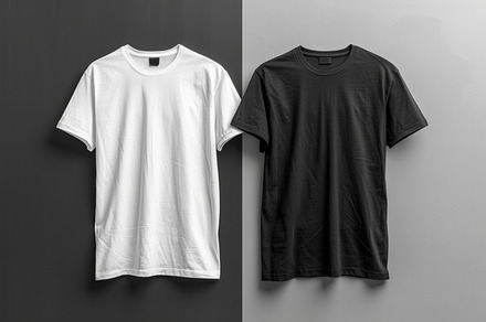 Black and white plain t-shirts on contrasting backgrounds, a Photo by AS photostudio
