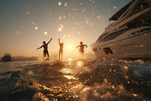 Friends jumping into ocean sunset ya, a Photo by Pixeness Studio