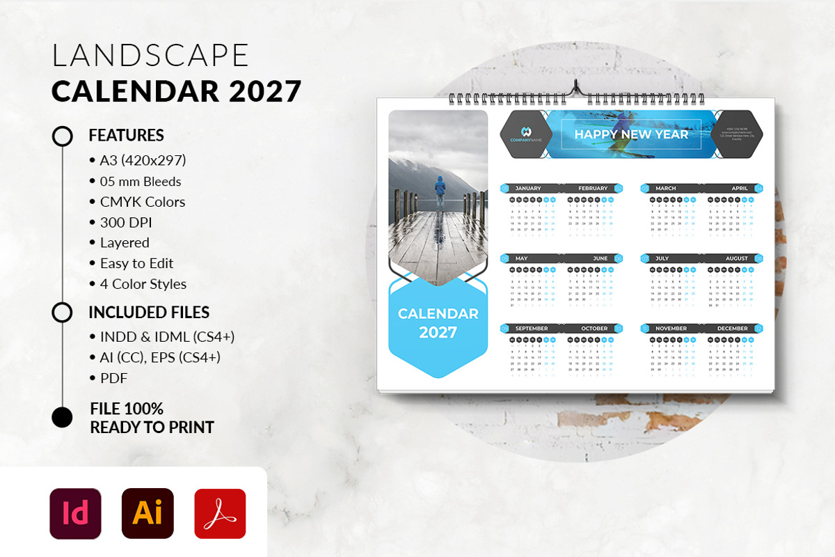 2027 Landscape Calendar Template, a Stationery Template by MstArtwork (Photo 4 of 5)
