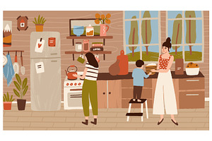 Family in kitchen, home scene, a Person Illustration by Good Studio