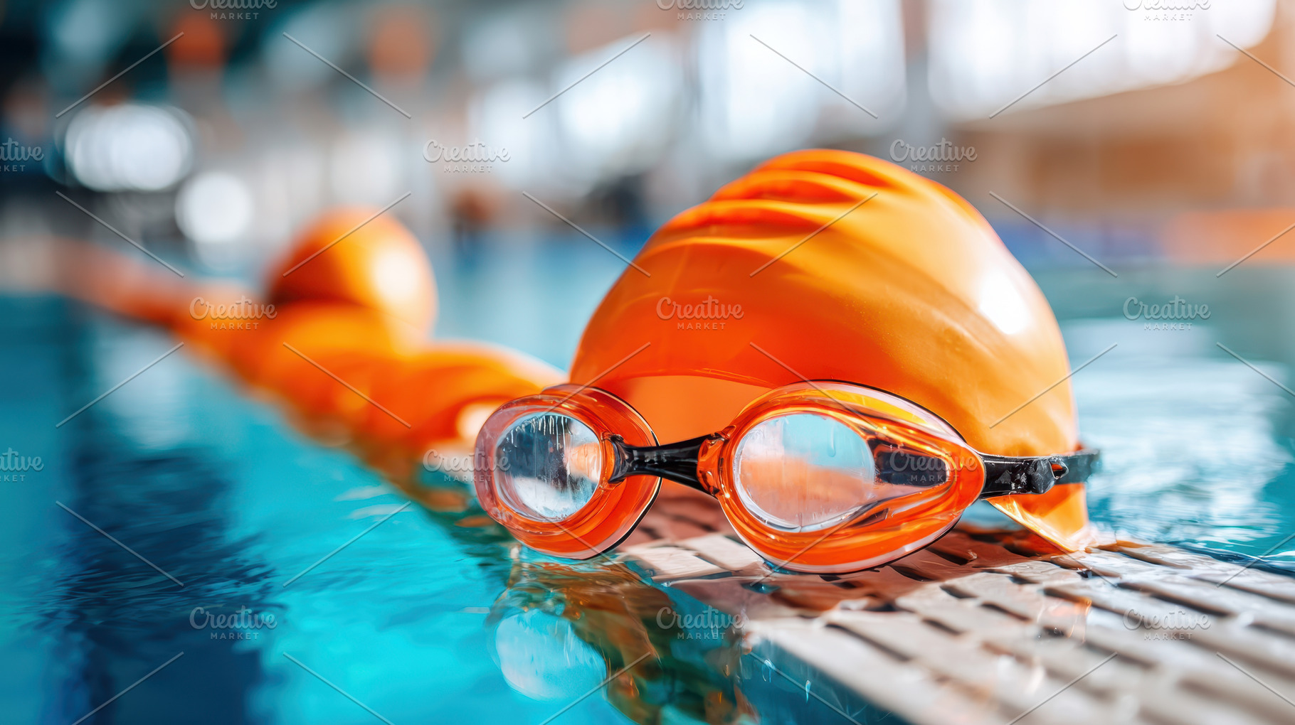 Orange swimming goggles and cap by the pool, a Sports & Recreation Photo by AlyaAnd