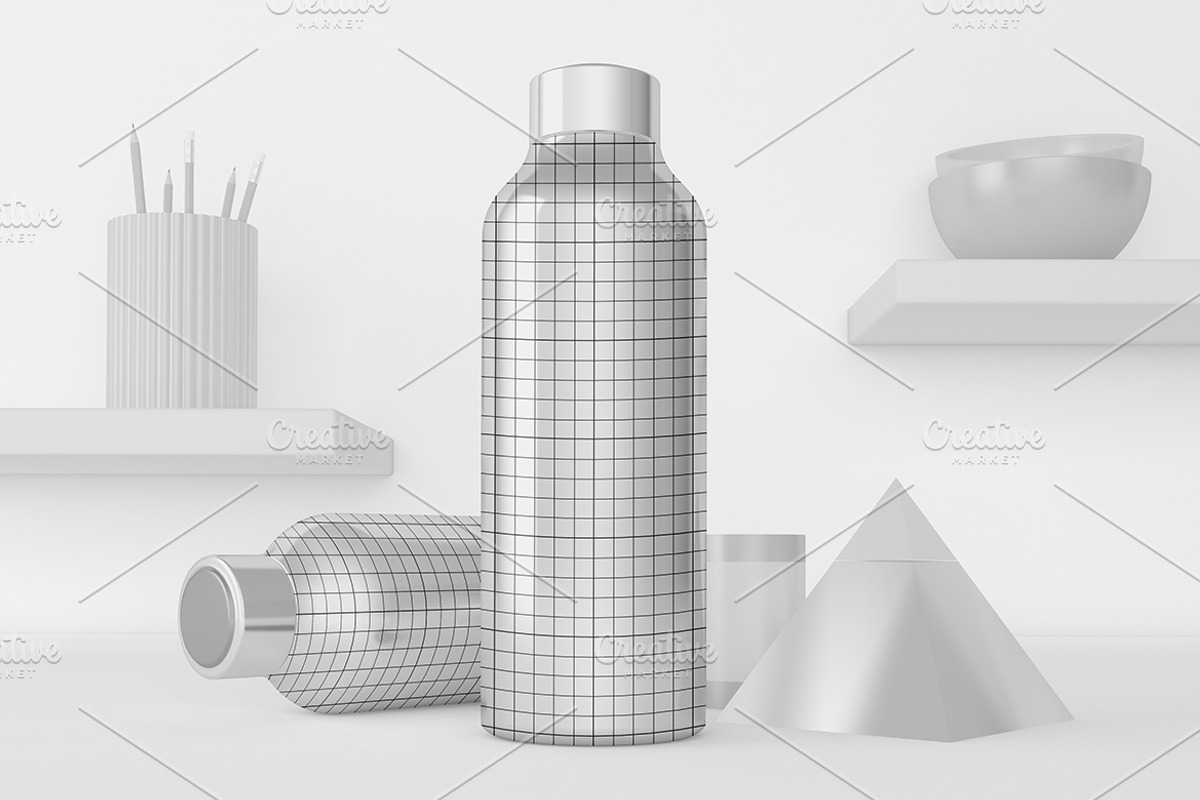 Water Bottle Desktop Mockup, a Merchandise Mockup by Qaleb Studio (Photo 1 of 2)