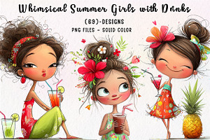 Whimsical Summer Girls with Drinks, an Illustration by CreationArt