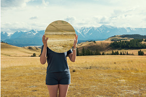 Woman in blue dress in summer Altai, a Graphic by Jan Jack Russo Media